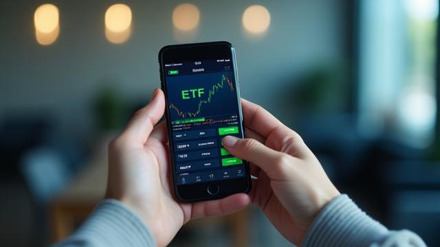 Hands holding a smartphone displaying financial charts and ETF text, symbolizing investment decisions.